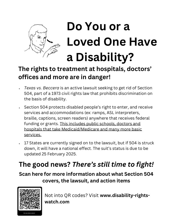 Do You or a Loved One Have a Disability? Section 504 Texas vs Beccera lawsuit explainer with QR code bottom left.