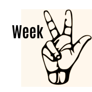 Black and White Week Three with 3 in ASL fingerspelling font. Tan square in background.