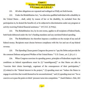 Screenshot of page 37 of Texas vs Beccera complaint with the section title "Section 504" is unconsitutional